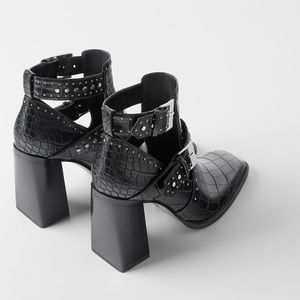 Zara Black Croc-Embossed Ankle Boots